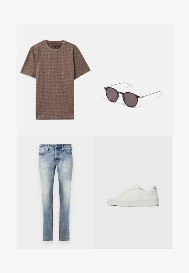 Braunes T-Shirt mit kurzen Ärmeln, das ein sich wiederholendes MK-Logo-Muster aufweist, einen Rundhalsausschnitt hat und aus weichem Stoff besteht.; Helle blaue Denim-Jeans mit einem ausgewaschenen Finish, schlankem Schnitt, fünf Taschen und kontrastierenden Nähten an den Nähten.; Weiße Ledersneaker mit glatter Oberfläche, runder Zehenpartie, flachen Schnürsenkeln und strukturiertem Sohlenprofil. Mit einem dezenten Logo an der Ferse.; Schwarze runde Sonnenbrille mit dunklen Gläsern und schlanken Metallbügeln. Enthält klare Tempelspitzen und silberne Akzente am Scharnier. Minimalistisches Design.