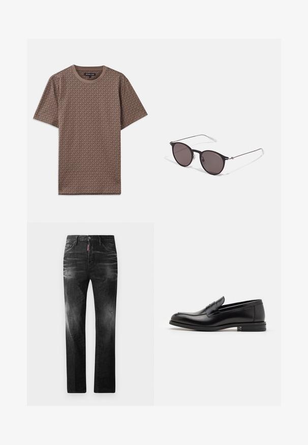 Barna, rövid ujjú póló, ismétlődő MK logó mintázattal, kerek nyakkivágással és puha szövet textúrával.; Fekete farmernadrág egyenes szabással. Fakadó területek, kisebb kopások, klasszikus öt zsebes kialakítás és gombos zárás jellemzi.; Fekete bőr loaferek sima textúrával, kerek orral és dekoratív pánttal a vampnál. Alacsony, rétegelt sarkú, minimalista dizájn.; Fekete kerek napszemüveg sötét lencsékkel és karcsú fém szárakkal. Átlátszó szárvégeket és ezüst részleteket tartalmaz az ívnél. Minimalista dizájn.