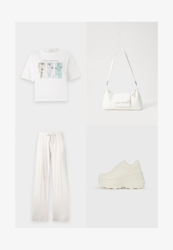 Balta medvilninė T-marškiniai su priekinės pusės grafika, kurioje pavaizduoti trys gėlių eskizai pastelinių spalvų, o viršuje tekstas "Žydėjimo menas".; Šviesiai smėlio spalvos sportinės kelnės, pagamintos iš minkštos medžiagos, su raišteliu juosmenyje, plačiomis ilgomis kojomis ir vertikaliomis siūlėmis, turinčios lygų paviršių.; Baltos platformos sportbačiai su lygiu odos primenančiu paviršiumi, apvalia forma, paminkštintu apykakle ir tekstūruotu guminiu padu su ryškiais protektoriais.; Balta sintetinė rankinė trikampio formos, plokščiu priekiu su užsegimu, kaspino detale, reguliuojama dirželiu, lygia tekstūra ir minimalistišku dizainu.