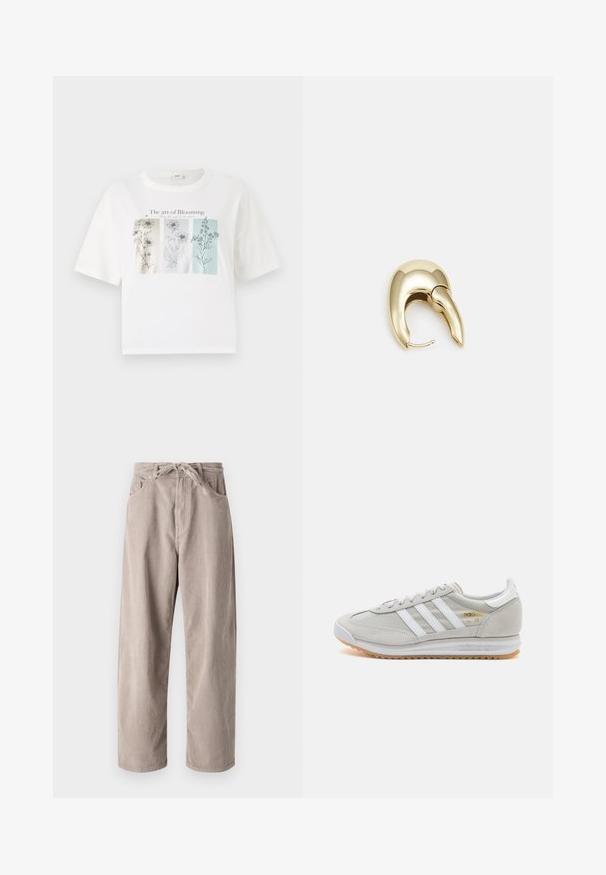 Balta medvilninė T-marškiniai su priekinės pusės grafika, kurioje pavaizduoti trys gėlių eskizai pastelinių spalvų, o viršuje tekstas "Žydėjimo menas".; Šviesiai rudi kordūriniai kelniai, laisvo kirpimo, su raišteliu reguliuojamu juosmeniu, dviem priekinių kišenėlių ir vertikalia juostele.; Šviesiai pilki sportbačiai, pagaminti iš zomšos ir tinklinės medžiagos, su trimis baltais dryžiais, apvaliu pirštu ir guma padu. Auksinė logotipo detalė šalia raištelių.; Aukso tono metalinės auskarai su stilingu, kreiviu dizainu. Išsiskiria ryškiu smailiu pavidalu, poliruota paviršiumi ir užsegimu su vyriu.