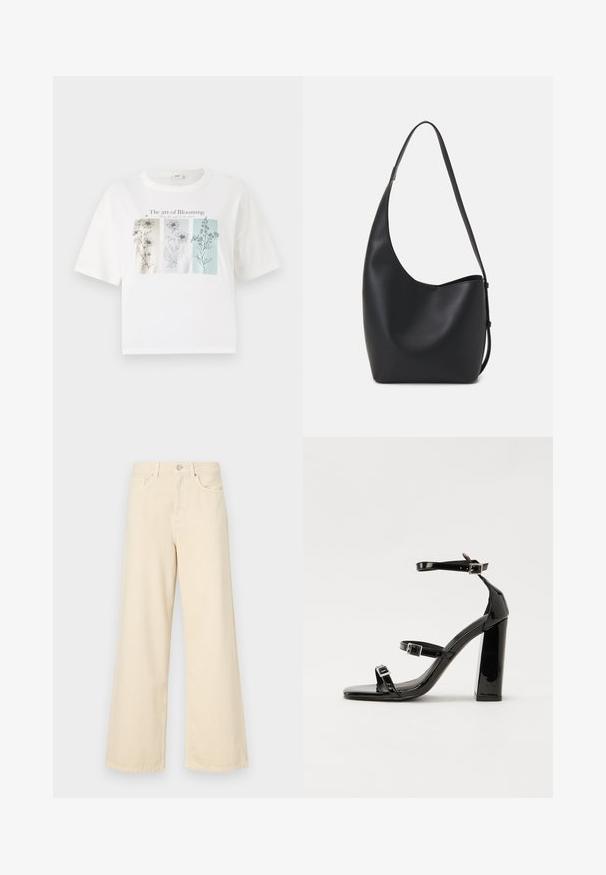 T-shirt branca de algodão com uma gráfica frontal de três esboços de flores em cores pastel, com o texto "A arte de florescer" acima.; Jeans de perna larga bege feitos de algodão. Apresentam um fecho de botão, passadores para cinto e bolsos frontais com uma textura lisa e suave.; Sandálias de tacão preto laqueadas com bico quadrado, tiras para o tornozelo e fivelas prateadas. Apresentam um salto bloco chunky para estabilidade.; Saco hobo preto em pele com uma textura lisa, forma curva e uma única alça ajustável; apresenta uma abertura larga na parte de cima.
