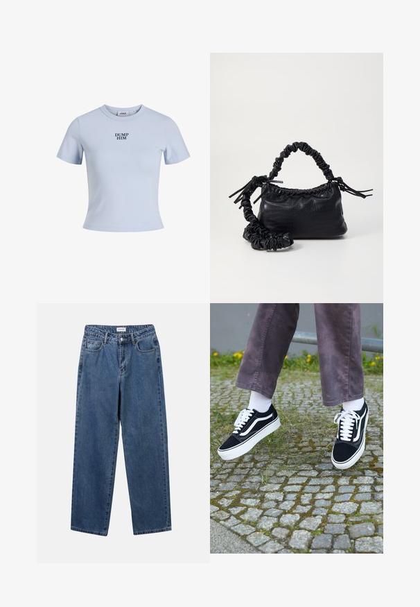 Světle modré tričko s krátkým rukávem vyrobené z jemné látky. Má kulatý výstřih a na přední straně je v tučné námořnické modři vytištěný text "DUMP HIM".; Klasické modré džíny z denimu se střihy rovné nohy, pěti kapsami a zapínáním na knoflík. Mají střední odstín a odolnou texturu.; Černé semišové tenisky s bílými akcenty, s zaoblenou špičkou, silnou bílou podrážkou a klasickým šněrovacím designem, nošeny s bílými ponožkami a fialovými kalhotami.; Černá kabelka z umělé kůže s krokodýlím vzorem, staženým vrškem a zmačkaným popruhem. Zdá se, že má měkký a kompaktní design.