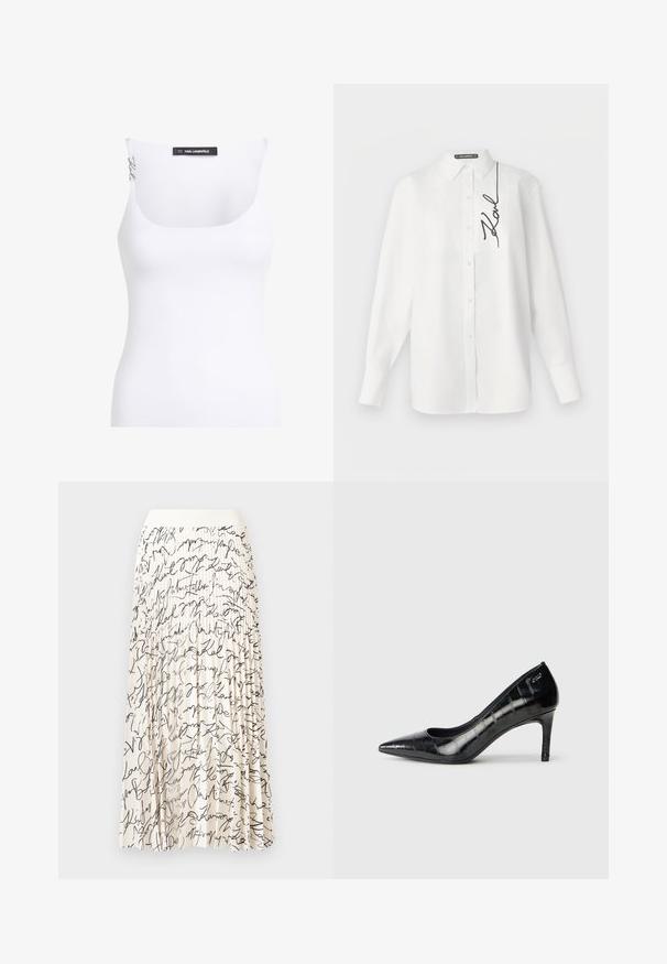 Canottiera bianca con scollatura a girocollo. Realizzata in tessuto testurizzato. Presenta spalline sottili e un'etichetta con marchio sul retro.; Camicia bianca a maniche lunghe in cotone, con tasca frontale e firma ricamata nera sul lato sinistro. Colletto classico e chiusura con bottoni.; Gonna midi plissettata color crema con motivi di testo corsivo nero, caratterizzata da una fascia in vita liscia e tessuto fluido per facilitare il movimento.; Décolleté nere con punta affusolata, finitura lucida e un sottile motivo testurizzato. Presentano un tacco moderato e un design con apertura sulla parte superiore.