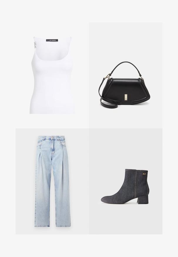 Weißes Tanktop mit Rundhalsausschnitt. Aus strukturiertem Stoff gefertigt. Verfügt über schmale Träger und ein Markenlabel auf der Rückseite.; Helle blaue Denim-Jeans mit hoher Taille, weitem Beinschnitt, zwei seitlichen Taschen und gefaltetem Design. Weiche Textur mit einem ausgebleichten Finish.; Dunkelblaue Jeans-Stiefelette mit spitzem Zehen, Blockabsatz, sichtbaren Nähten und einem dezenten Markenlogo an der Seite. Glatte Textur.; Schwarze Lederhandtasche mit einem strukturierten Design, das eine verkürzte Form, einen oberen Griff und goldfarbene Hardware-Details aufweist. Verstellbarer Schulterriemen ist enthalten.