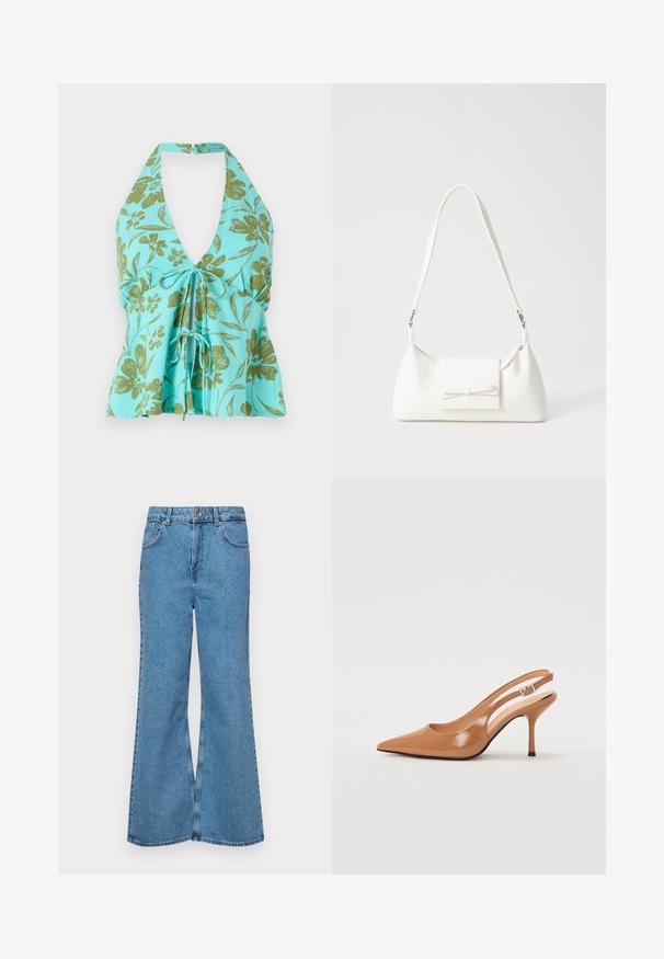 Turkoosissa kukkakuosisessa topissa on halkotakki. V-kauluksen muotoilu, jossa on säädettävä nyöritys edessä. Kevyt kangas.; Vaaleansiniset leveälahkeiset farkut, joissa on korkea vyötärö, viisi taskua ja yksi napin sulkeminen. Pehmeä pinta, jossa on haalistunut viimeistely.; Korkokenkä, jossa on terävä kärki ja avonainen kanna, valmistettu sileästä, kiiltävästä ruskeasta materiaalista. Sisältää kaarevan leikkuun muotoilun ja hoikan stilettokannan. Hopeinen solkiyksityiskohta.; Valkoinen synteettinen käsilaukku, jossa on kolmikulmainen muoto, tasainen etu läppä ja nauhadetail, säädettävä olkahihna, sileä rakenne ja minimalinen muotoilu.