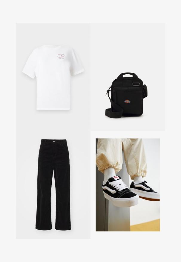 Witte t-shirt met korte mouwen met een klein rood "Billabong Surf Club 1973" logo en surfer graphic op de bovenste linker borst.; Zwarte corduroy wijde broek met een hoge taille, voorzien van een voospan knoop- en ritssluiting, en een verticale ribstructuur overal.; Zwart-witte suède sneakers met platte witte veters, textuur rubberen zolen en een zijstreepdesign. G gedragen met crèmekleurige, taps toelopende broek.; Zwarte schoudertas met een ritszak, rechthoekige vorm, gemaakt van stof, voorzien van een logo-opdruk op de voorkant, verstelbare schouderband.