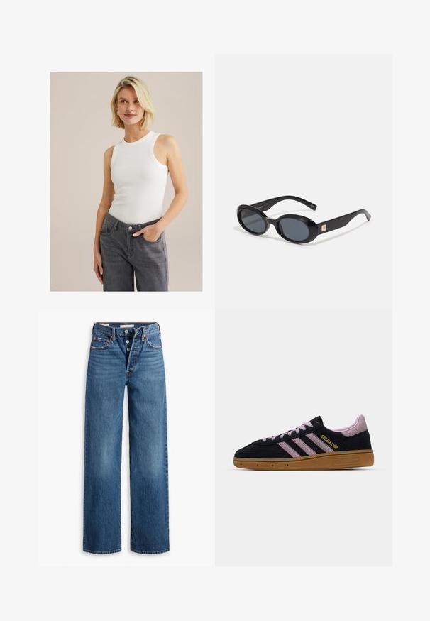 Balta be rankovių, uždaro tipo marškinėliai su apvaliu iškirpimu, derinami su pilkais aukštai sėdinčiais džinsais, turinčiais kišenes ir mygtukų užsegimą.; Mėlyni džinsai su plačiomis kojomis, penkiais kišenėmis, mygtukais ir kontrastingais siūlais. Struktūruotas audinys su dėvėtu paviršiumi.; Juodas ir rožinis zomšinis sportbačių modelis su guminiais padais, trimis rožiniais dryžiais, auksiniu "SPEZIAL" ženklu ir tekstūruotu guminiais padais. Žemas dizainas.; Juodos ovalios saulės akinių su tamsiais stiklais, blizgaus plastiko rėmas, plačios kojos ir mažas auksinis akcentas vienoje pusėje.
