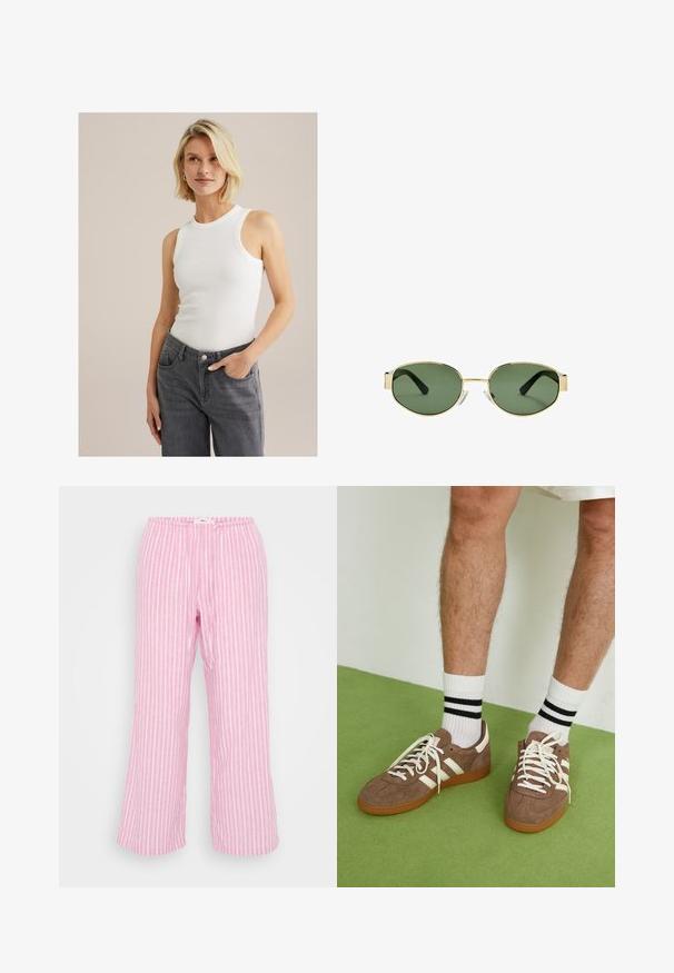 Bílý bezrukávový žebrovaný top s kulatým výstřihem, zkombinovaný s šedými džíny s vysokým pasem, obsahujícími kapsy a zapínání na knoflík.; Růžové pruhované kalhoty s elastickým pasem, lehkým materiálem, širokými nohavicemi a hladkou strukturou. Vertikální pruhy bílé barvy.; Hnědé semišové tenisky s bílými akcenty a tkaničkami. Gumová podrážka. Nošeny s bílými ponožkami s černými pruhy. Zelená strukturovaná podlaha.; Sluneční brýle s metalickým zlatým rámem, zelenými skly, oválného tvaru, s černými stranicemi a průhlednými nosními podložkami. Čistý, minimalistický design.; Hnědá pletená kožená kabelka s uvolněným trojúhelníkovým tvarem. Disponuje spleteným uchem a zipovým uzavíráním na vrchu.; Tři sponky do vlasů: jedna černobíle mramorovaná, dvě želvovinové v hnědých a černých odstínech, všechny vyrobené z lesklého plastu s texturovaným povrchem.