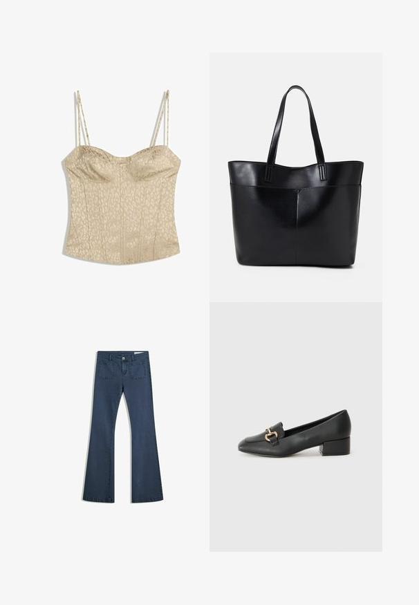 Beige korsettop med leopardmönster, med tunna justerbara axelband, en strukturerad design och vertikal sömnad för form.; Tummansiniset leveälahkeiset farkut, joissa on tikatut taskut, nappisuljenta ja sileä pinta. Ominaisuuksiin kuuluu klassinen viiden taskun muotoilu.; Musta nahkainen loaferit matalalla korolla, joissa on koristeellinen kultainen yksityiskohta edessä ja sileä pinta.; Musta nahkainen kassi, jossa on kaksi pitkää kahvaa, sileä pinta ja jämäkkä muoto. Sisältää etutaskun lisävarastointia varten.
