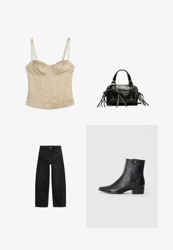 Beige korzetový top s leopardím potiskem, s tenkými nastavitelnými ramínky, strukturovaným designem a vertikálním prošíváním pro tvar.; Černé denimové široké kalhoty s vzorem malých stříbrných očínek, klasickým pětikapsovým designem a zapínáním na knoflík.; Černé kožené kotníkové boty s špičatou špičkou, hladkým povrchem, nízkým blokovým podpatkem a zlatým akcentem loga na boku.; Černá kožená kabelka s pletenými držadly, texturovaným povrchem, přední kapsou na zip a dekorativními třásněmi. Kompaktní a strukturovaný tvar.