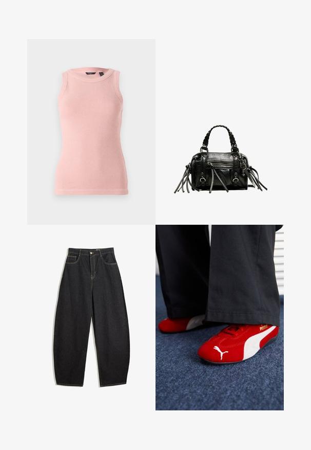 Top fără mâneci, roz pal, tricotat, cu un model texturat, decolteu rotund și margini ribbate. Design simplu și ajustat.; Pantaloni din denim negri, cu croială largă, talie înaltă, având cusături galbene, două buzunare frontale și închidere cu un singur buton.; Adidași roșii din suede cu accente albe, având material texturat, vârf rotund și un logo auriu pe lateral, purtați cu pantaloni negri.; Geantă din piele neagră cu mânere împletite, suprafață texturată, buzunar frontal cu fermoar și accente decorative din franjuri. Formă compactă și structurată.