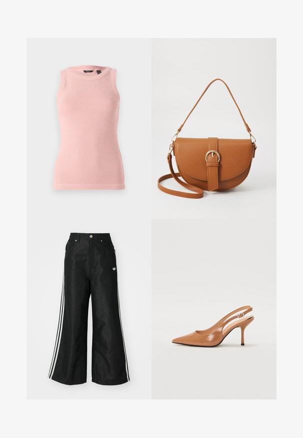 Bezrukávový svetloružový pletený tielko s textúrovaným vzorom, zaobleným výstrihom a rebrovanými okrajmi. Jednoduchý a priliehavý dizajn.; Čierne džínsy s širokým strihom, s tromi bielymi pruhmi po stranách a malým bielym logom. Obsahujú predné vrecká a zapínanie na gombík.; Sandal s úzkym podpätkom a špicatou špičkou v hladkej lesklej hnedej materiáli. Obsahuje zakrivený výrez a štíhly ihlový podpätok. Strieborný prackový detail.; Hnedá kožená kabelka cez telo s zakriveným tvarom, zlatými kovovými doplnkami a akcentom s prackou. Obsahuje odnímateľný ramenný popruh.