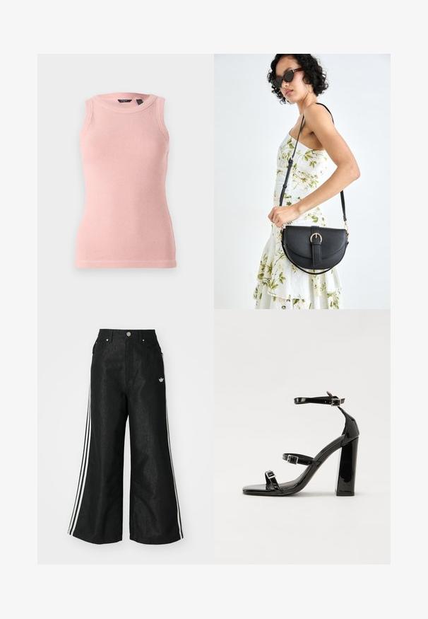 Ermeløs lys rosa strikket tanktop med strukturmønster, rund halslinning og ribbestrikkede kanter. Enkel og tettsittende design.; Sorte vide benbukser med tre hvite striper på hver side og en liten hvit logo. Har frontlommer og knappelukking.; Svart høyglans sandaler med hæl, firkantet tå, ankelremmer og sølvspenner. Har en kraftig blokkhæl for stabilitet.; Svart lærveske med en buet form, avtagbar stropp og gullbeslag. Vesken har et klaff med spenne-detall.