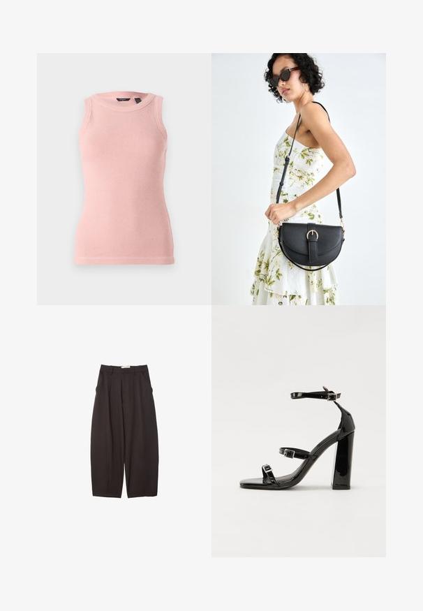 Sleeveless light pink knit tank top with a textured pattern, rounded neckline, and ribbed edges. Simple and fitted design.; Black wide-leg trousers made from a smooth fabric, featuring a high waist, front pleats, and side pockets. Simple design without embellishments.; Black patent heeled sandals with a square toe, ankle straps, and silver buckles. Features a chunky block heel for stability.; Black leather handbag with a curved shape, detachable strap, and gold hardware. The bag features a flap with a buckle detail.