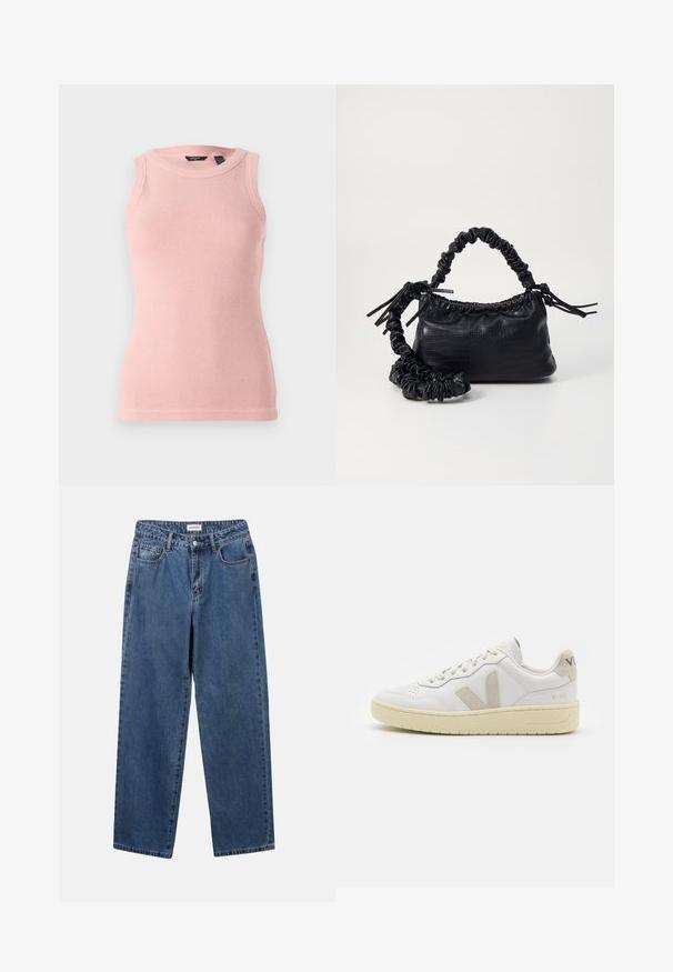 Top senza maniche di colore rosa chiaro, realizzato in maglia con un motivo testurizzato, scollatura rotonda e bordi a costine. Design semplice e aderente.; Jeans in denim blu classico con design a gamba dritta, cinque tasche e chiusura con bottone. Presentano un lavaggio medio e una trama robusta.; Sneaker in pelle bianca con dettagli in suede beige, punta perforata, lacci piatti e suola testurizzata color crema. Presenta un logo discreto sul tallone.; Borsa a tracolla in ecopelle nera con texture a coccodrillo, apertura cinchata e tracolla arricciata. Si presenta con un design morbido e compatto.