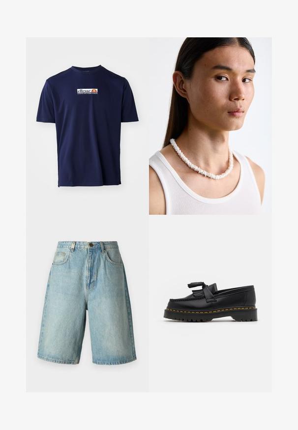 Ellesse CORBOBA TEE - Apdrukāts T-krekls - navy; Gaizilti zila džinsu šorti ar brīvu piegriezumu, kas satur priekšējos kabatas, pogu aizdari un izbalējušu krāsu ar smalkām iznēsājuma detaļām.; Melnas ādas mokasīni ar pērlītēm uzsvaru, ar masīvu melnu zoli un dzeltenu šuvumu gar malu. Ar teksturētu apdari.; Balta čaulu kaklarota, kas sastāv no neregulārām formām, valkāta virs pieguļošas baltas topiņas. Gluda tekstūra ar smalku spīdumu, cieši piegulošs dizains.