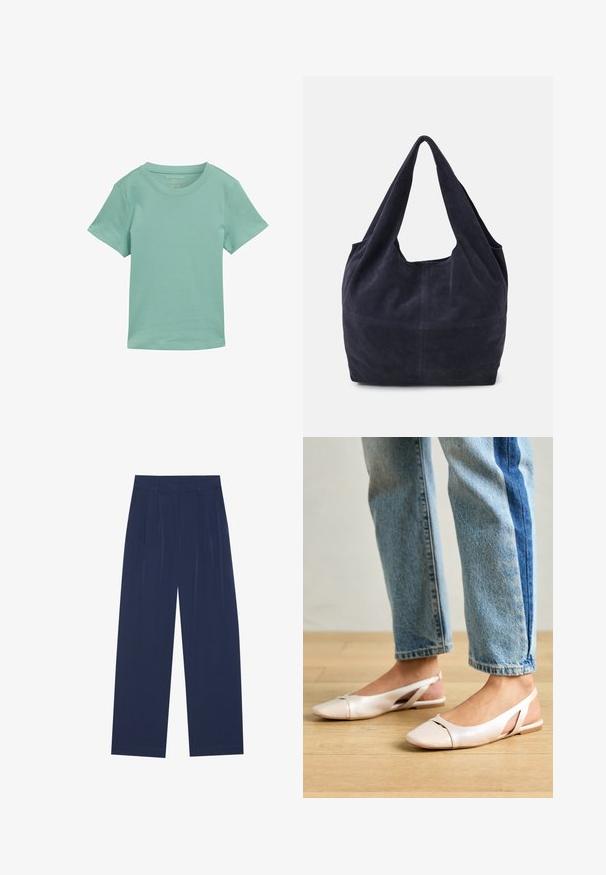Kirkkaan vihreä lyhythihainen t-paita, joka on valmistettu pehmeästä kankaasta. Siinä on klassinen pyöreä pääntie ja suora helma. Ei kuvioita tai koristeita näkyvissä.; Navy siniset leveälahkeiset housut, joissa on pehmeä kangas, etuvaljaat, sileä pinta ja suora malli ilman näkyviä taskuja.; Vaaleanpunaiset slingback-ballerinat, joissa on terävä kärki, valmistettu sileästä nahkamaisesta materiaalista. Sivujen leikkuuyksityiskohdat ja tasapohja.; Laukkua, joka on valmistettu merivoimien sametista, on löysästi muotoiltu, leveillä olkahihnoilla ja näkyvällä ompeluyksityiskohdalla kehossa.