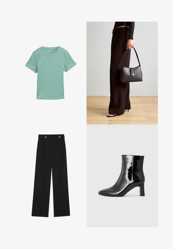 Mátová krátkosrstá tričko vyrobené z měkké tkaniny. Má klasický kulatý výstřih a rovný lem. Žádné vzory ani akcenty nejsou viditelné.; Černé široké kalhoty s vysokým pasem, detailní knoflíky na pase a přední záhyby.; Černé lakované kotníkové boty s špičatou špičkou a středně vysokým blokovým podpatkem. Hladká textura a minimalistický design.; Černá kabelka se strukturovaným tvarem, hladkým povrchem a kovovým uzávěrem. Kombinována s širokými černými kalhotami a sandály s otevřenou špičkou na dřevěné podlaze.