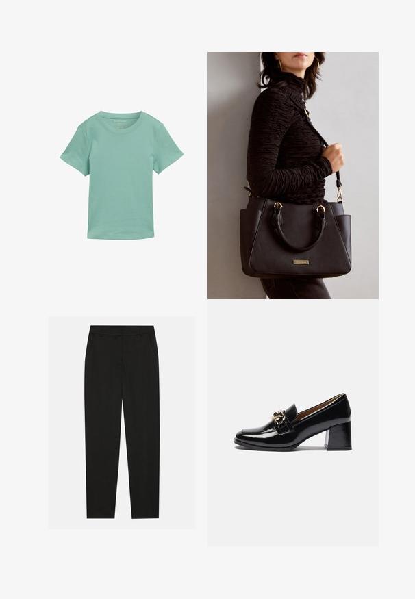 Miętowozielona koszulka z krótkim rękawem wykonana z miękkiego materiału. Charakteryzuje się klasycznym okrągłym dekoltem i prostym wykończeniem. Brak widocznych wzorów lub akcentów.; Czarne spodnie o dopasowanym kroju, z bocznymi kieszeniami i prostą nogawką. Wykonane z gładkiego, lekkiego materiału o eleganckim wykończeniu.; Czarne lakierowane loafersy na obcasie z zaokrąglonym noskiem, masywnym obcasem oraz złotym akcentem na przednim pasku.; Czarna torebka z teksturowanej powierzchni, podwójnymi uchwytami na górze i regulowanym paskiem na ramię. Posiada złote okucia i boczne kieszenie.