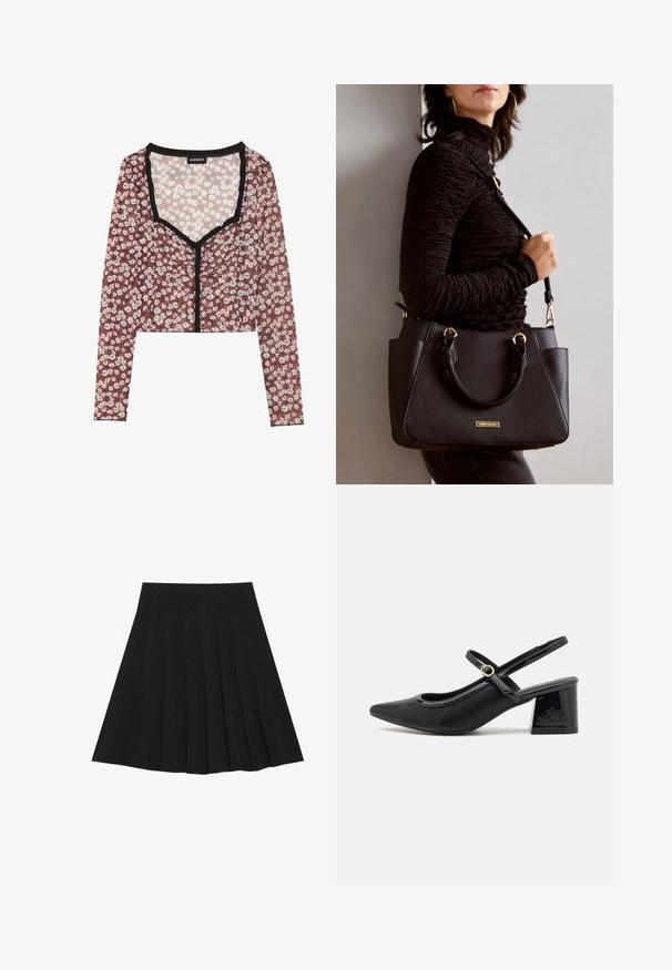 Cvečni crop top z dolgimi rokavi. Rdeča podlaga, beli in rožnati cvetlični potisk, črn nabran rob ob vratu in sprednjem odpiranje, lahka tkanina.; Črna plisirana krila iz strukturiranega materiala s prilegajočim pasom. Segajo do kolen in ponujajo gladko, čisto silhueto.; Črne patentne usnjene salonarce s slingback obliko, s koničastim nosom, zaobljenim izrezom in blok peto. Imajo zlato kovinsko zaponko kot dodatno okrasje.; Črna torbica z teksturirano površino, z dvema zgornjima ročajema in nastavljivim ramenskim pasom. Ima zlatovrateče dodatke in stranske žepe.