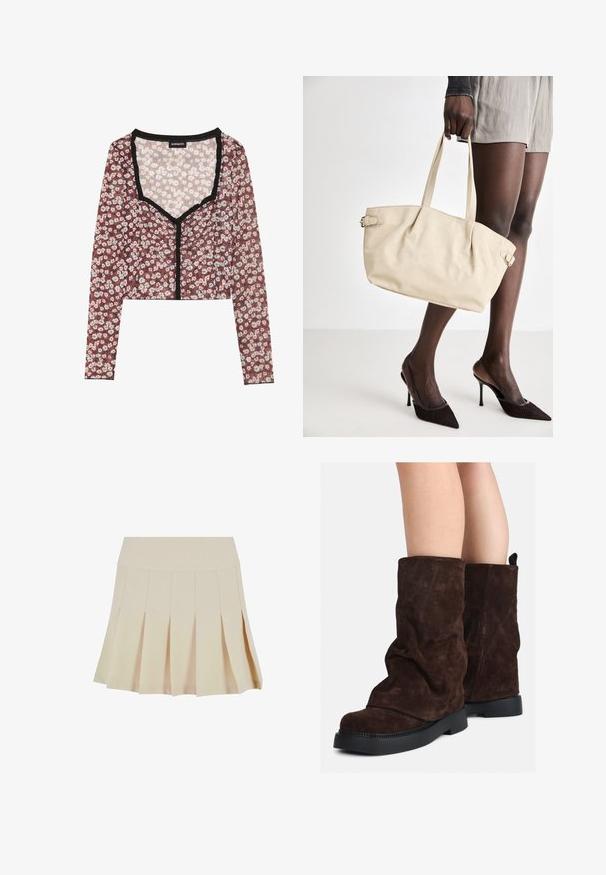 Kwiatowy crop top z długimi rękawami. Czerwone tło, wzór białych i różowych kwiatów, czarna falbanka przy dekolcie i z przodu, lekka tkanina.; Beżowa spódnica z fałdami, z dopasowanym paskiem, wykonana z gładkiego materiału. Posiada wiele pionowych fałd i prosty dół.; Brązowe zamszowe botki do połowy łydki z czarnymi gumowymi podeszwami noszone na nagich nogach, z lekkim marszczeniem na cholewkach.; Beżowa torba typu tote o gładkim wykończeniu skórzanym, ze sztywną formą, dwoma uchwytami i bocznymi klamrami. Połączona z eleganckimi czarnymi szpilkami.; Kremowa poduszka na głowę zziębniętym wzorem, zestawiona z beżową i białą koszulą w paski, z okrągłym dekoltem. Subtelne akcenty biżuteryjne.