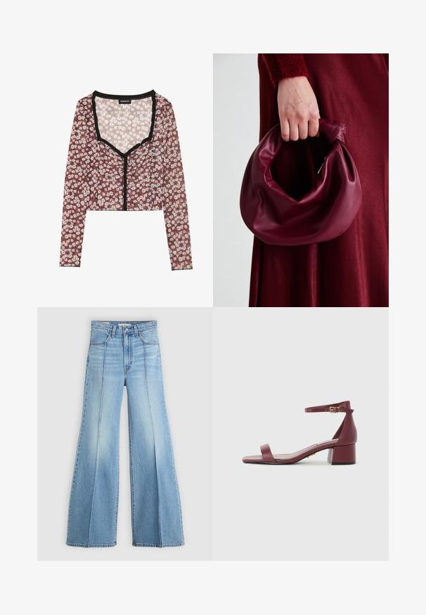 Top de flores com mangas longas. Base vermelha, estampa de flores brancas e rosas, detalhe de renda preta no decote e na abertura frontal, tecido leve.; Jeans de cintura alta em azul claro, com pernas largas, bolsos dianteiros e traseiros, passantes para cinto e detalhes de costura vertical na parte da frente.; Sandal de couro bordô com ponta quadrada, tira fina no tornozelo, detalhes em dourado e salto bloco robusto. Textura suave e design minimalista.; Bolsa de couro bordô com um design suave e franzido, e uma forma arredondada. A alça é fixa, apresentando uma textura suave.