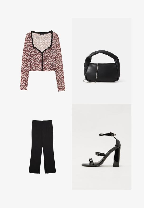 Blumen-Crop-Top mit langen Ärmeln. Rote Basis, Druck mit weißen und rosa Blumen, schwarzer Rüschensaum am Ausschnitt und an der Vorderöffnung, leichtes Material.; Schwarze Hose mit geradem Schnitt, ausgestattet mit Fronttaschen und Seitenschlitzen am Saum. Hergestellt aus weichem, glattem Stoff. Geeignet für verschiedene Anlässe.; Schwarze patentierte Sandalen mit Absatz, quadratischer Spitze, Knöchelriemen und silbernen Schnallen. Mit einem stabilen Blockabsatz für mehr Stabilität.; Schwarze Lederhandtasche mit runder Form, dickem Griff und einem silbernen Kettenriemen. Glatte Textur mit leichtem Glanz.
