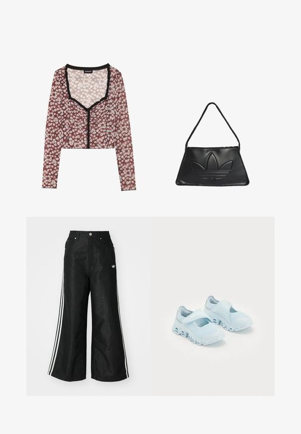 Floral crop top with long sleeves. Red base, white and pink flower print, black ruffled trim at neckline and front opening, lightweight fabric.; Black wide-leg denim pants with three white stripe accents on each side and a small white logo. Features front pockets and a button closure.; Light blue sneakers with mesh fabric, prominent cut-outs in the sole, and a Velcro strap across the top for secure fit.; Black leather handbag with a trapezoidal shape, featuring a raised Adidas logo design and a thin shoulder strap. Zipper closure at the top.