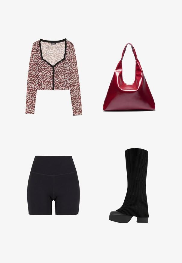 Top scurt floral cu mâneci lungi. Bază roșie, imprimeu cu flori albe și roz, margine neagră cu volan la gât și deschiderea din față, material ușor.; Pantaloni scurți negri cu talie înaltă, confecționați dintr-un material elastic. Au un brâu elastic, o textură netedă și o lungime până la mijlocul coapselor, cu un design fără cusături.; Botine negre, până la genunchi, cu un upper din material texturat, talpă platformă masivă și toc pătrat, având o textură netedă și un design modern, elegant.; Geantă din piele roșie lucioasă, cu o formă triangulară, deschidere largă în partea de sus și un singur mâner curbat. Textură netedă cu detalii minime de coasere.