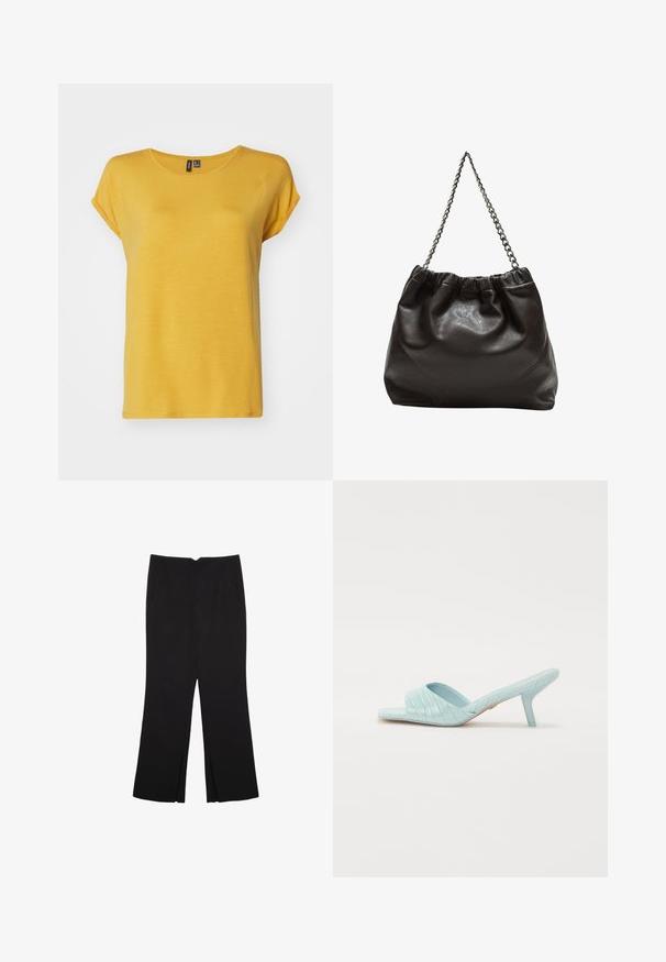 Vero Moda VMAVA PLAIN - T-Shirt basic - golden spice; Schwarze Hose mit geradem Schnitt, ausgestattet mit Fronttaschen und Seitenschlitzen am Saum. Hergestellt aus weichem, glattem Stoff. Geeignet für verschiedene Anlässe.; Himmelblaue, heeled Slide-Sandalen mit Krokodil-Prägung, offenem Zehenbereich und schlankem Stiletto-Absatz. Glatte, glänzende Oberfläche ohne Verzierungen.; Braune Lederhandtasche mit gerafftem Oberteil und Kettenriemen. Glatte Textur mit glänzendem Finish und subtilen Nahtdetails an den Seiten.