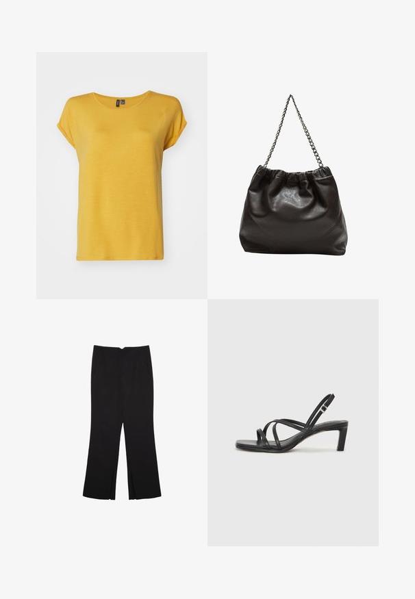 Vero Moda VMAVA PLAIN - Osnovna majica kratkih rukava - golden spice; Crne hlače ravnog kroja, s prednjim džepovima i bočnim prorezima na rubu. Izrađene od mekog i glatkog materijala. Pogodne za razne prigode.; Crne sandale s trakama, kvadratnim prstom i niskom blok petom. Ima više tankih trakica i podesivu trakicu oko gležnja. Izrađene su od glatke kože.; Smeđa kožna torba s naboranim vrhom i lančićem za nošenje. Glatka tekstura s sjajnim završetkom i suptilnim šavnim detaljima sa strane.