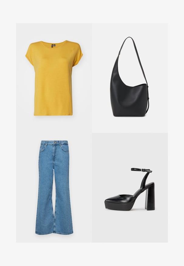 Vero Moda VMAVA PLAIN - T-shirt básica - golden spice; Jeans de brim azuis claros, com corte à boca de sino, apresentando uma cintura alta, cinco bolsos e um fecho de botão único. Textura macia com acabamento desbotado.; Saltos altos pretos com bico fino e atilho ajustável no tornozelo. Confeccionados em couro suave, apresentam um salto bloco robusto.; Saco hobo preto em pele com uma textura lisa, forma curva e uma única alça ajustável; apresenta uma abertura larga na parte de cima.