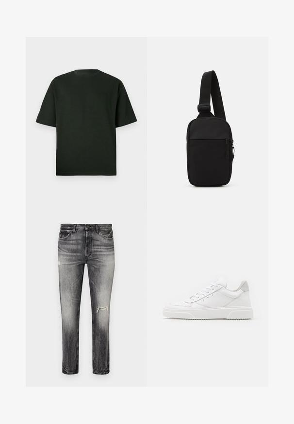 Tmavě zelené tričko s krátkým rukávem a kulatým výstřihem. Vyrobeno z jemné látky, s volným střihem a bez viditelných vzorů či akcentů.; Vybledlé černé džínové kalhoty s rovným střihem, se sepranými místy, předními kapsami a klasickým zapínáním na knoflík.; Bílé kožené tenisky s hladkým povrchem, zaoblenou špičkou, plochými tkaničkami a texturovanou podrážkou. Šedý semišový detail na patě.; Černá crossbody taška vyrobená z odolné tkaniny, s jedním nastavitelným popruhem, zapínacím hlavním oddělením a přední kapsou.