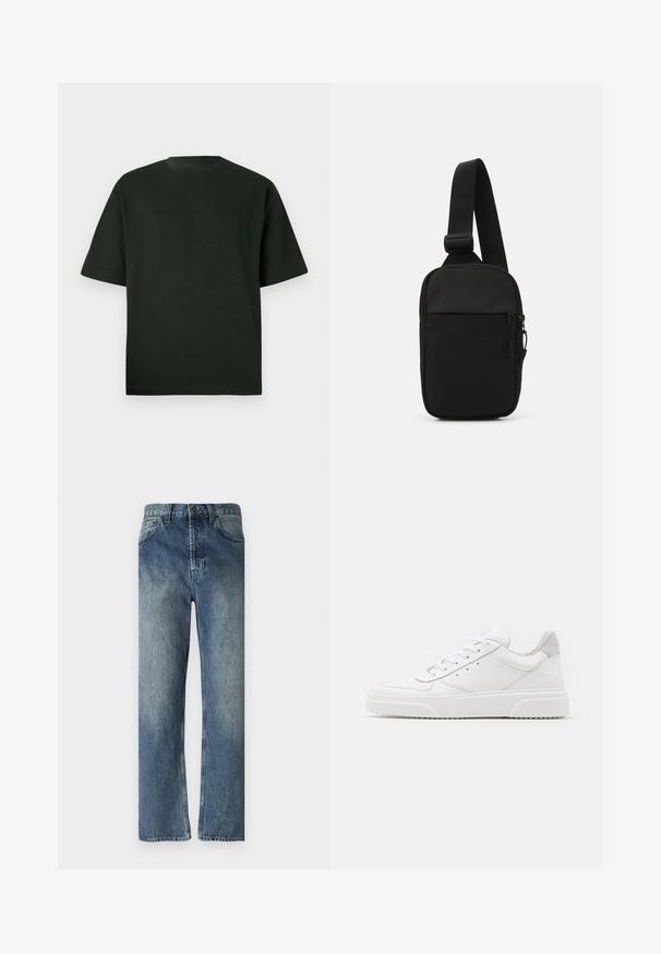 Sötétzöld, rövid ujjú póló, kerek nyakkivágással. Puha anyagból készült, laza szabással, látható minták vagy díszítések nélkül.; Kék farmernadrág egyenesen szabott lábbal, elhasználódott mosással, övhurkokkal, elülső zsebekkel és egy hátsó zsebbel.; Fehér bőr sportcipő sima felülettel, kerek orral, lapos fűzőkkel és textúrált talppal. Szürke velúr díszítés a saroknál.; Fekete keresztpántos táska, tartós anyagból készült, egy állítható pánttal, cipzáras főrekesszel és elülső zsebbel.