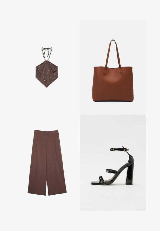Brązowy zamszowy top na szyję w kształcie diamentu, ozdobiony rozsianymi srebrnymi ćwiekami dla dodatkowych detali i tekstury.; Brązowe spodnie o szerokich nogawkach z gładką fakturą, z wysokim stanem i plisami z przodu. Materiał jest lekki i luźno opada.; Czarne lakierowane sandały na obcasie z kwadratowym noskiem, z paskami wokół kostki i srebrnymi klamrami. Posiadają masywny słupek dla stabilności.; Brązowa skórzana torba tote o gładkiej fakturze, z otwartym wierzchem i dwoma ramiączkami. Charakteryzuje się minimalnym przeszyciem i brakiem widocznych elementów metalowych.