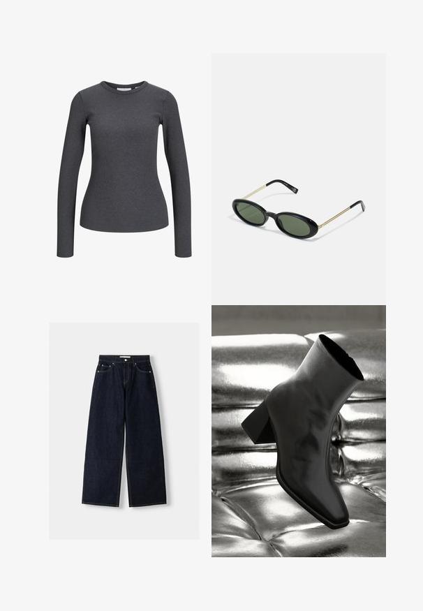 Langsleeve, geribbelde top in donkergrijs. Heeft een ronde halslijn en een aangesloten silhouet. Gemaakt van een rekbare stof voor comfort.; Donkerblauwe denim wijduitlopende jeans met een hoge taille, vijf zakken, contrasterende stiksels en zilveren metalen hardware. Gladde textuur en een nette afwerking.; Zwarte enkellaarsjes van glanzend materiaal met een vierkante neus en taps toelopende hak, afgezet tegen een glanzende zilveren gecapitonneerde achtergrond.; Ovale zonnebril met groene lenzen, zwarte kunststof voorkant en dunne gouden metalen pootjes. Beschikt over een minimalistisch ontwerp met een gladde textuur.