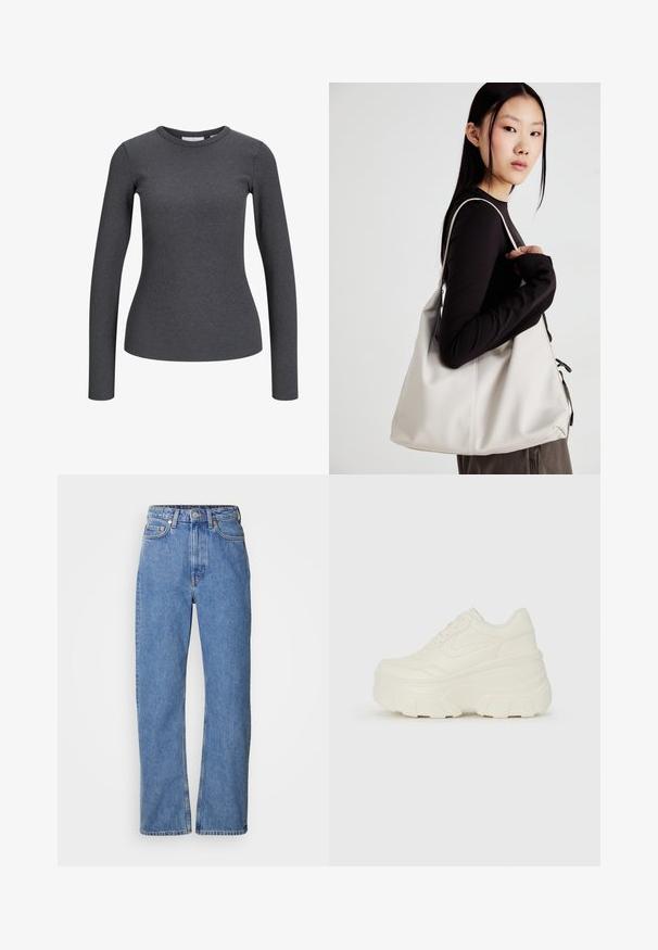 Langermet, ribbestrikket topp i mørkegrå. Har rund hals og tettsittende silhuett. Laget av et stretchy stoff for komfort.; Lyseblå denim jeans med rett benpassform, høy midje, fem lommer, synlig søm og detaljer i kobber.; Hvite plattformsnickers med en glatt læraktig overdel, avrundet form, polstret krage og teksturert gummisåle med tydelige dekk.; Beige håndveske laget av mykt materiale, med en slapp design, sydd detaljer og to skulderstropper. Passer for daglig bruk.