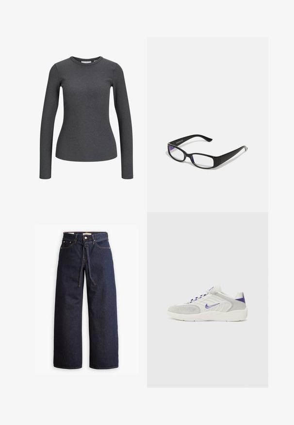 Ilga rankovė, raštuota palaidinė tamsiai pilkos spalvos. Su apvaliomis iškirptėmis ir prigludusia siluetu. Pagaminta iš elastingos medžiagos, užtikrinančios komfortą.; Plačios kojų tamsiai mėlynos džinsinės kelnės su aukštu liemeniu, turinčios raištį, penkias kišenes ir kontrastingas siūles.; Baltos ir pilkos sportinės bateliai su violetiniais akcentais, turintys tekstūruotą viršų, perforacijas kvėpuojamumui užtikrinti ir paminkštintą padas.; Juodi stačiakampiai akinių rėmeliai su skaidriais lęšiais. Blizgus paviršius, siauri šonai ir purpurinis atspalvis, matomas lęšių pakraščiuose.