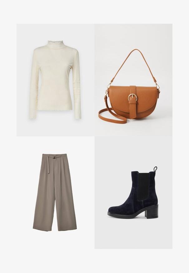 Langärmliges, hochgeschlossenes Oberteil in Creme, aus weichem, elastischem Stoff mit glatter Textur und einem leicht verkürzten Saum.; Weite Hose aus einem weichen, gedämpften grauen Stoff, mit einem taillierten Bund und Falten für zusätzliche Design-Details. Glatte Textur, keine Muster.; Schnürstiefelette aus dunkelblauem Wildleder mit elastischem Seitenpanel, runder Spitze und Blockabsatz. Das strukturierte Material und die glatte Sohle sorgen für Kontrast.; Braune Leder-Crossbody-Tasche mit geschwungener Form, goldfarbenen Beschlägen und einer Schnallenakzentuierung. Verfügt über einen abnehmbaren Schultergurt.