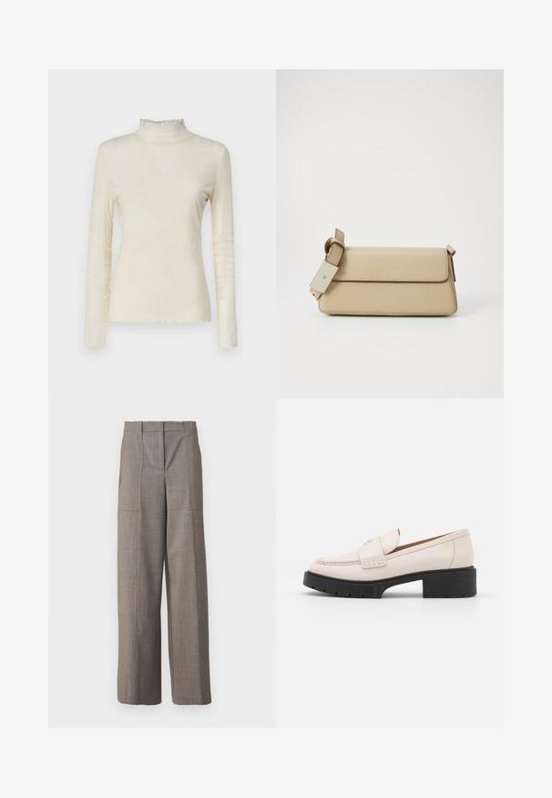 Langärmliges, hochgeschlossenes Oberteil in Creme, aus weichem, elastischem Stoff mit glatter Textur und einem leicht verkürzten Saum.; Graue Weitbeinhosen mit glatter Textur, ausgestattet mit seitlichen Einschubtaschen und einem hohen Taillendesign, das einen maßgeschneiderten Look präsentiert.; Hellebeige Lederloafers mit einer gesteppten Vorderseite und einem strukturierten schwarzen Plateauabsatz. Merkmale ein geschwungenes Design und eine leichte Erhöhung.; Beige Handtasche aus Kunstleder mit Klappenverschluss, verstellbarem Tragegurt und minimalistischer Gestaltung. Besitzt dezente Nähte und geprägtes Branding.