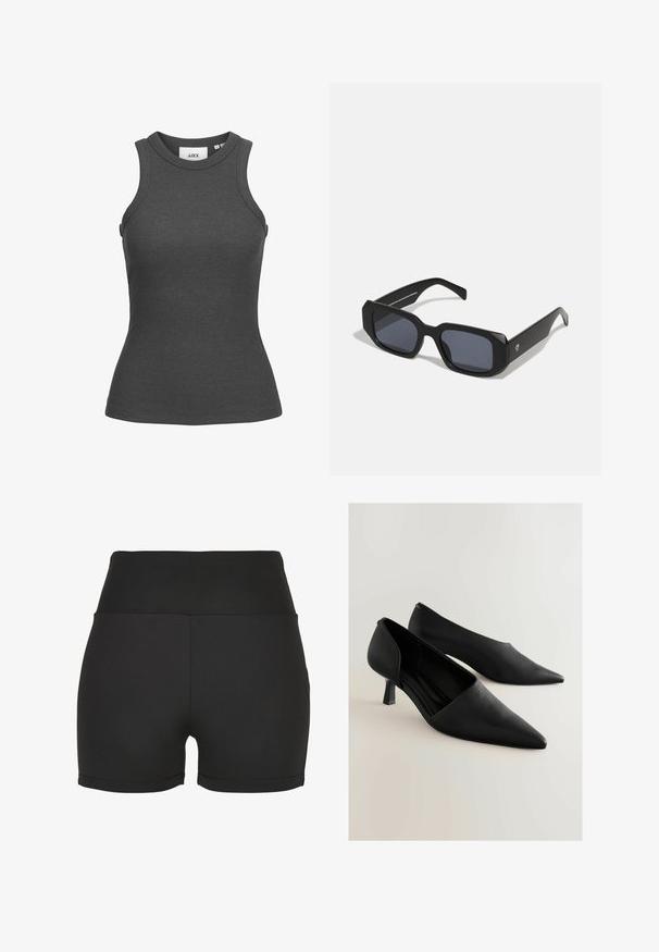 T tumed hallikas soonikkoesega kaelusega ja varrukateta disain. Omab keha külge liibuvat siluetti ja siledat tekstuuri. Brändi silt on nähtav.; Mustad must kõrge vöökohaga spordilühikesed püksid, mis on valmistatud siledast ja venivast materjalist. Omavad siledat õmblust ja sobitatud disaini, ideaalne aktiivseks riietuseks.; Must jänesenä mustad kõrge kontsaga kingad, millel on terav nina, minimalistlik disain ja lühike ruudukujuline konts. Sile tekstuur ja voolujooneline siluett.; Mustad musta värvi prillid, millel on mati pinnaga raam, tumedad objektiivid ja paksud nurgelised raamid. Minimalistlik disain, ilma nähtavate logota.