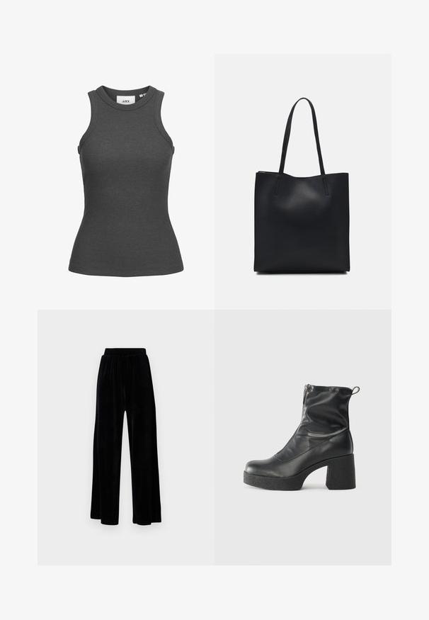 Tmav gray rebrovaný tielko s vysokým okrajom a bezrukávovým dizajnom. Má priliehavý strih a hladkú textúru. Viditeľná značka výrobcu.; Čierne široké nohavice zo soft velvetu, s elastickým pásom a hladkou textúrou, bez viditeľných detailov alebo vzorov.; Čierne členkové topánky z hladkej kože, so bočným zipsom, robustnou textúrovanou pätnou časťou a zaobleným dizajnom špičky.; Čierna kožená taška na rameno s hladkým povrchom, obdĺžnikovým tvarom a dvoma dlhými uchami. Bez viditeľného kovania alebo ozdôb.