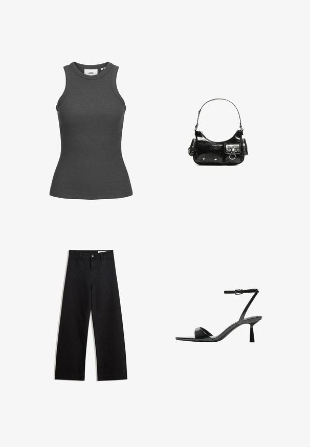 Donkergrijze geribbelde tanktop met een hoge halslijn en mouwloos ontwerp, met een getailleerd silhouet en een zachte stofstructuur.; Zwarte denim broek met wijde pijpen en een hoge taille, voorzien van voor- en achterzakken, gestikte naden en een knoopsluiting. Gladde textuur.; Bershka Sandalen met hoge hak - black; Zwarte laarzen in lakleer met een gebogen vorm, één schouderband, voorvakken en accenten in zilverkleurig metaal.