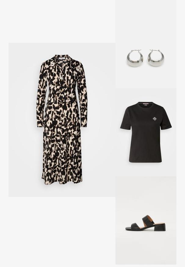 Black cotton t-shirt featuring a round neckline, short sleeves, and a small white graphic design on the left chest area.; Long-sleeve dress in a black and beige abstract pattern. Features a collared neckline and buttons down the front, made of lightweight fabric.; Black leather sandal with two wide straps across the foot, a square toe, and a low block heel. Smooth texture and minimal design.; Silver metal hoop earrings with a smooth, shiny surface and a structured, rounded design. Features a hinged clasp for secure wear.