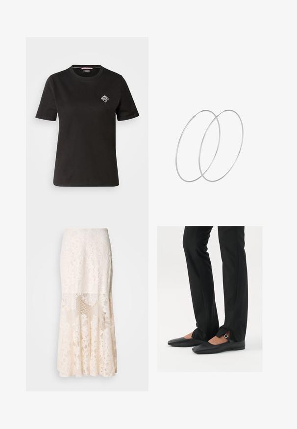 Sort bomulds T-shirt med rund halsudskæring, korte ærmer og et lille hvidt grafisk design på venstre brystområde.; Blomsterdenim midi-skirt i crème; har et lagdelt design med gennemsigtige sektioner, struktureret blonder og en udfladning. ; Sorte læder balletflade sko med spids tå, rem med sølvspænde, parret med sorte skræddersyede bukser med slids i bunden.; Sølvøreringe med et minimalistisk design. Cirkulær form, glat tekstur og tynd profil. Letvægtige med en poleret overflade.