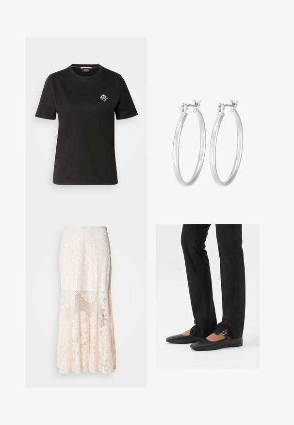 Čierne bavlnené tričko s okrúhlym výstrihom, krátkymi rukávmi a malým bielym grafickým dizajnom v oblasti ľavého prsu.; Kvetinová čipkovaná midi sukňa v krémovej farbe; obsahuje vrstvený dizajn s priesvitnými časťami, textúrovanou čipkou a rozšíreným lemom.; Čierne kožené baletky s špicatou špičkou, remienkom so striebornou prackou, skombinované s čiernymi strihovými nohavicami so rozparkom na leme.; Strieborné kruhové náušnice s hladkým, lesklým povrchom. Kolový tvar a bezpečné klikanie na uzatváranie. Ľahký dizajn vhodný na každodenné nosenie.