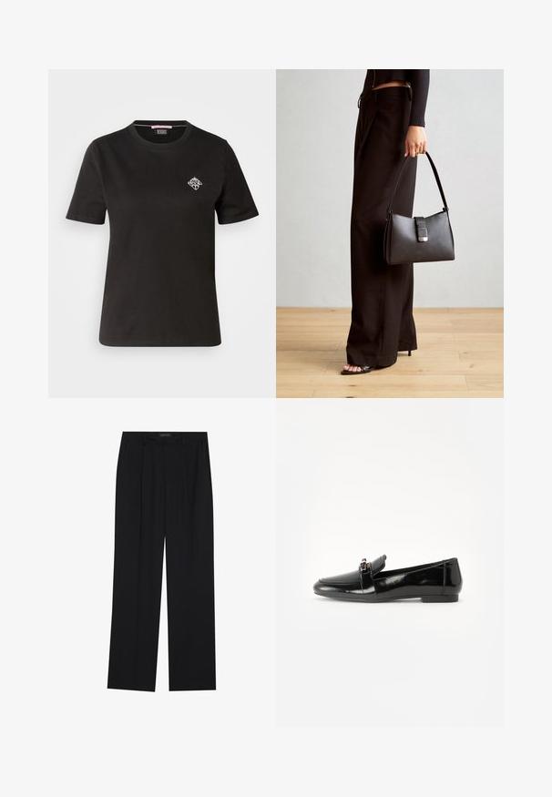 Musta puuvillapaita, jossa on pyöreä kaula-aukko, lyhyet hihat ja pieni valkoinen graafinen design vasemmassa rintamuksessa.; Mustat housut suoralla lahkeella, joissa on kaksi etutaskua ja vyötärö. Valmistettu sileästä, kevyestä kankaasta.; Mustat kiiltonahka loafarit, joissa on tasapohja, pyöristetty kärki ja koristeellinen nauha kultasävyisellä yksityiskohdalla. Sujuva, kiiltävä pinta.; Musta käsilaukku, jossa on rakenteellinen muoto, sileä pinta ja metallinen solki. Yhdistetty leveisiin mustiin housuihin ja avonaiheisiin sandaaleihin puulattialla.