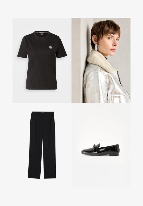 Black cotton t-shirt featuring a round neckline, short sleeves, and a small white graphic design on the left chest area.; Black trousers with a straight-leg design, featuring two front pockets and a waistband. Made from a smooth, lightweight fabric.; Black patent leather loafer with a flat sole, rounded toe, and a decorative strap featuring a gold-tone accent. Smooth, shiny finish.; Silver metallic leather jacket with shearling collar, featuring a zip closure and textured surface. Large teardrop earrings with clear gemstones.