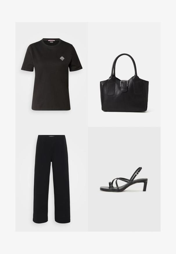 Black cotton t-shirt featuring a round neckline, short sleeves, and a small white graphic design on the left chest area.; Black wide-leg pants with an elastic waistband. Made from a textured material, featuring a loose fit and straight cut from hips to hem.; Black strappy sandal with a square toe and a low block heel. Features multiple thin straps and an adjustable ankle strap. Made of smooth leather.; Black leather tote bag with smooth texture, structured shape, two handles, and a prominent silver buckle detail on the front.