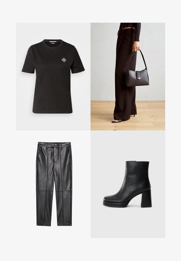Tricou din bumbac negru cu guler rotund, mâneci scurte și un mic design grafic alb în zona stângă a pieptului.; Pantaloni din piele neagră cu o textură netedă, având o croială dreaptă, două buzunare frontale și detalii vizibile ale cusăturilor.; Botină din piele neagră, cu toc pătrat și talpă platformă, văzută din lateral pe un fundal alb simplu.; Genți negre cu o formă structurată, textură netedă și un închizător metalic. Asortată cu pantaloni negri largi și sandale cu vârf deschis pe un podea din lemn.